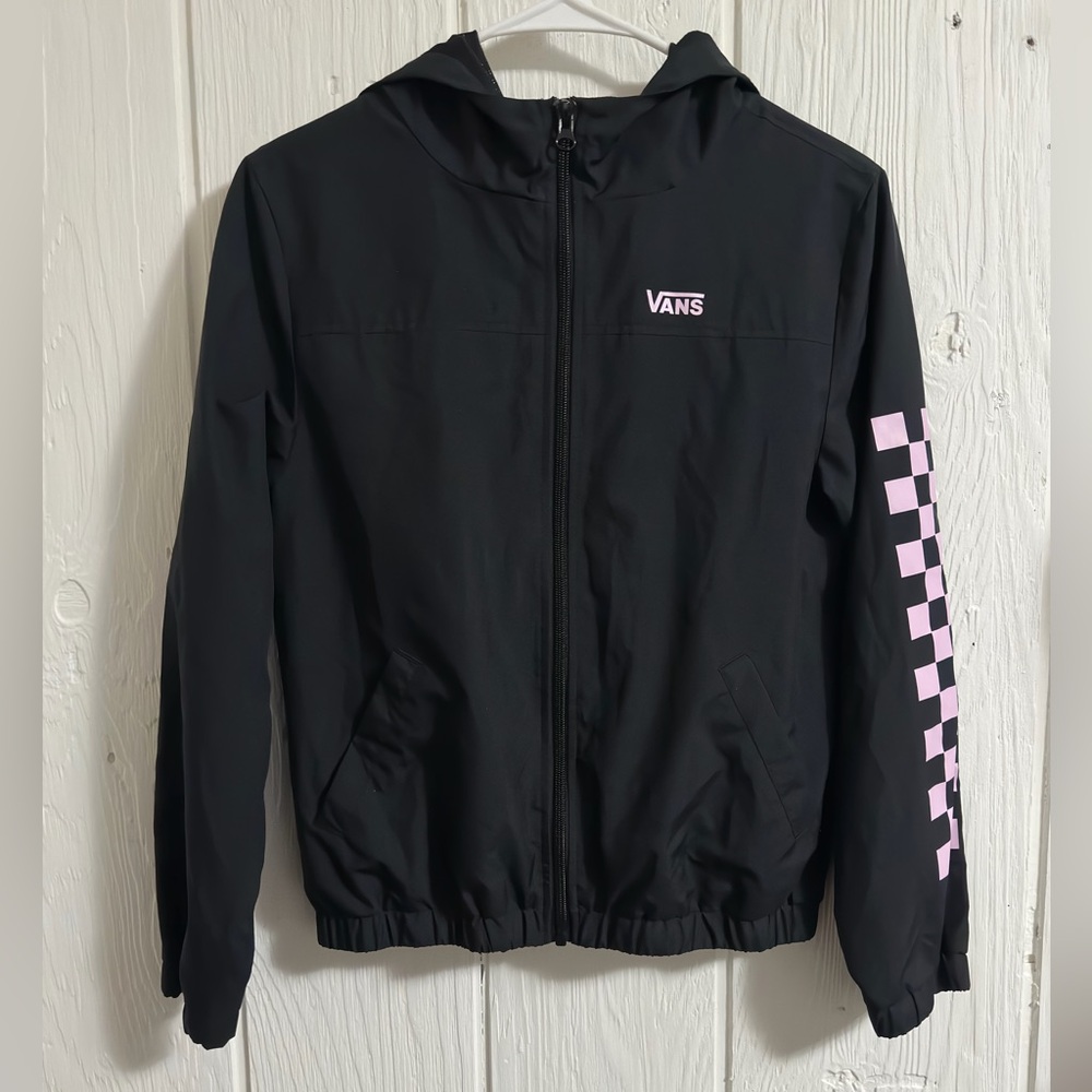 Vans Kids Black Windbreaker Raincoat with Pink Checkerboard Sleeve